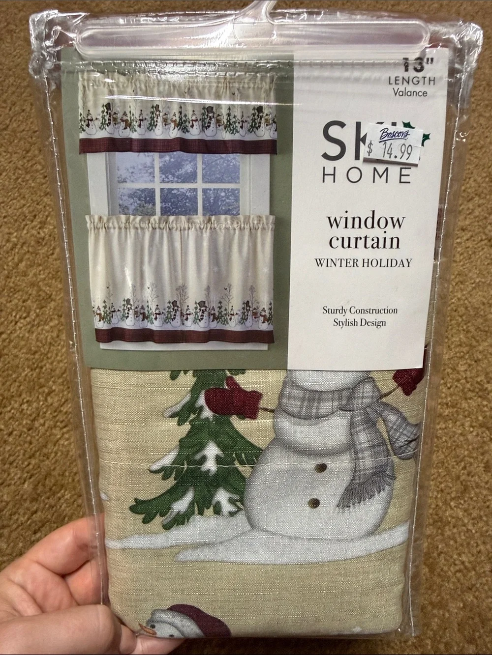 Cream Snowman Holiday Valance Window Curtain with Red Plaid Trim